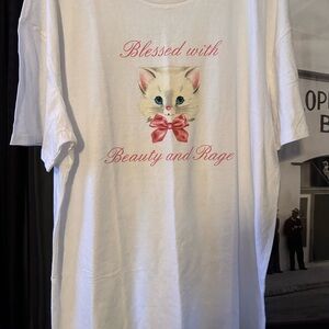 Charming Cat Graphic Long Sleeve Tee - White with Pink Details